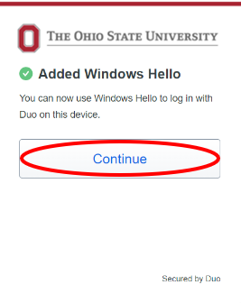 Image of Windows Hello Continue button 