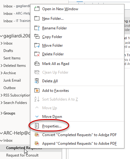 action menu for a folder open with Properties highlighted