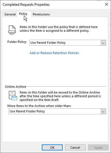 default policy window for a folder
