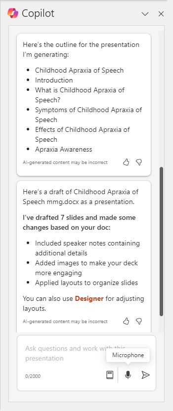 Copilot panel after presentation is created from a file