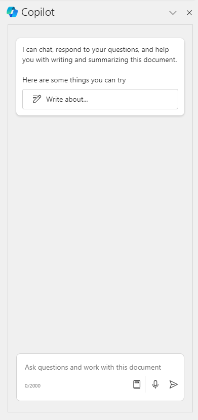 Copilot panel open on a blank document in MS Word