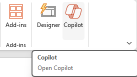 Copilot button in the ribbon panel of Powerpoint