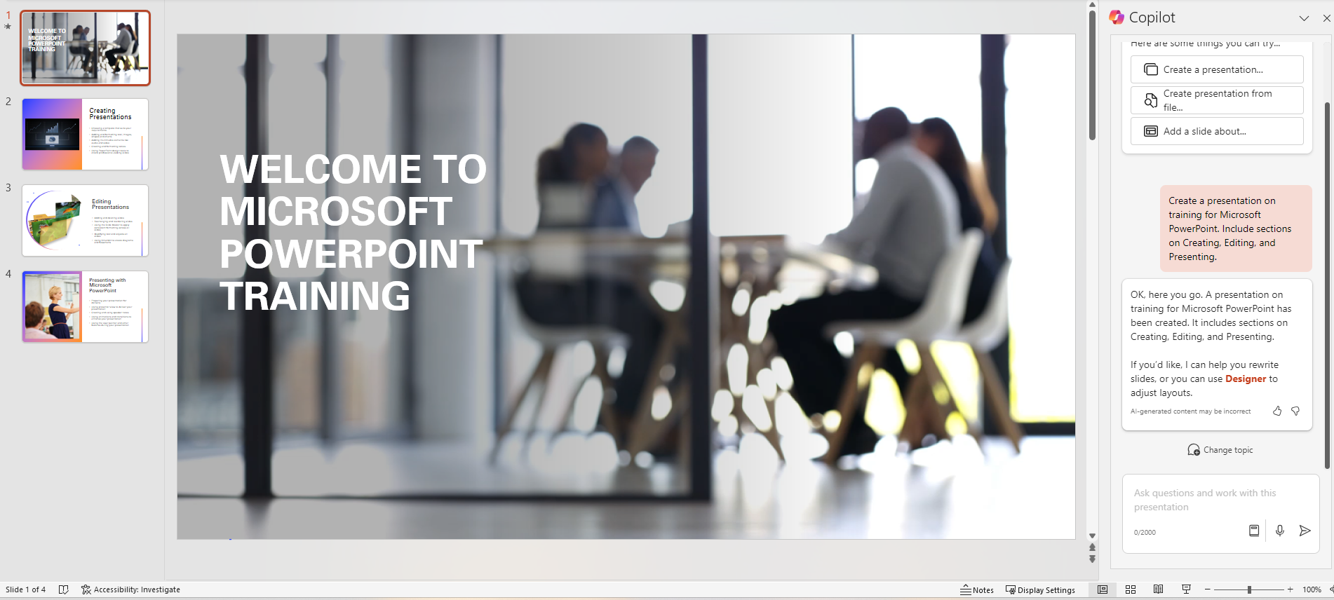 Presentation on Training for Powerpoint created by AI without content added