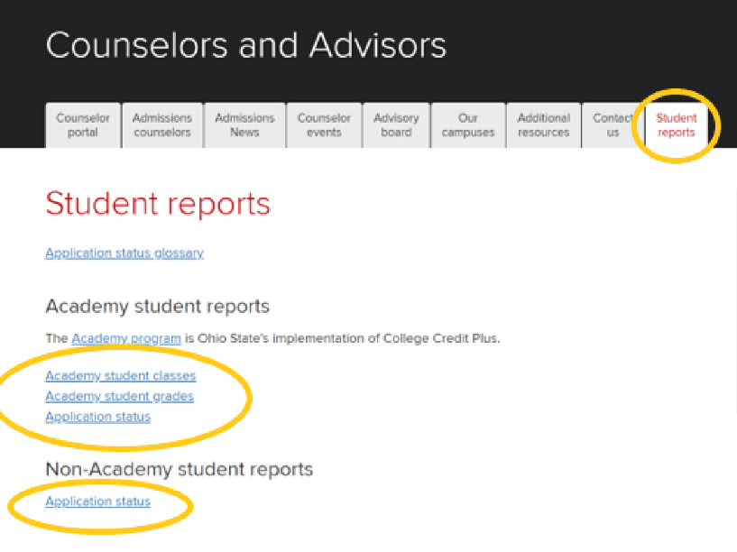 Screen shot of the Counselor Portal site with the "Student Reports" tab and available report options on the page circled