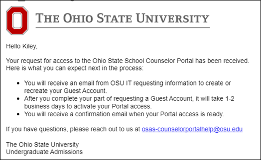 Screen shot of the confirmation email that is sent from OSAS Counselor Portal Help following a successful request form submission