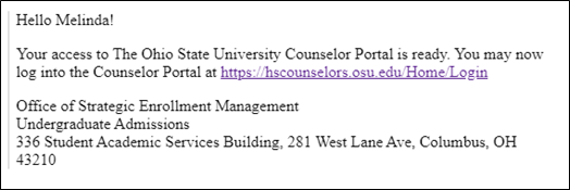 Screen shot of the final "Portal Access Activated" email that is sent from OSAS Counselor Portal Help 