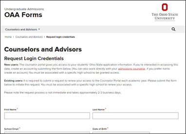 Screen shot of the top part of the "Request Login Credentials" form with general instructions and a few of the form fields showing.