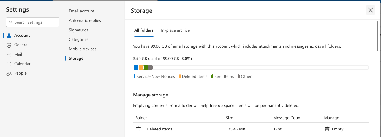 OWA Mailbox storage settings screen
