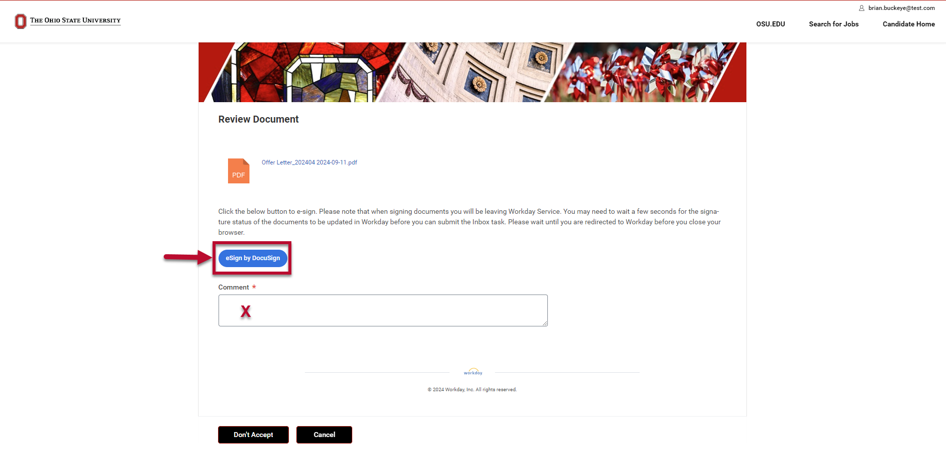 Options to view PDF of offer letter or review and sign in Docusign