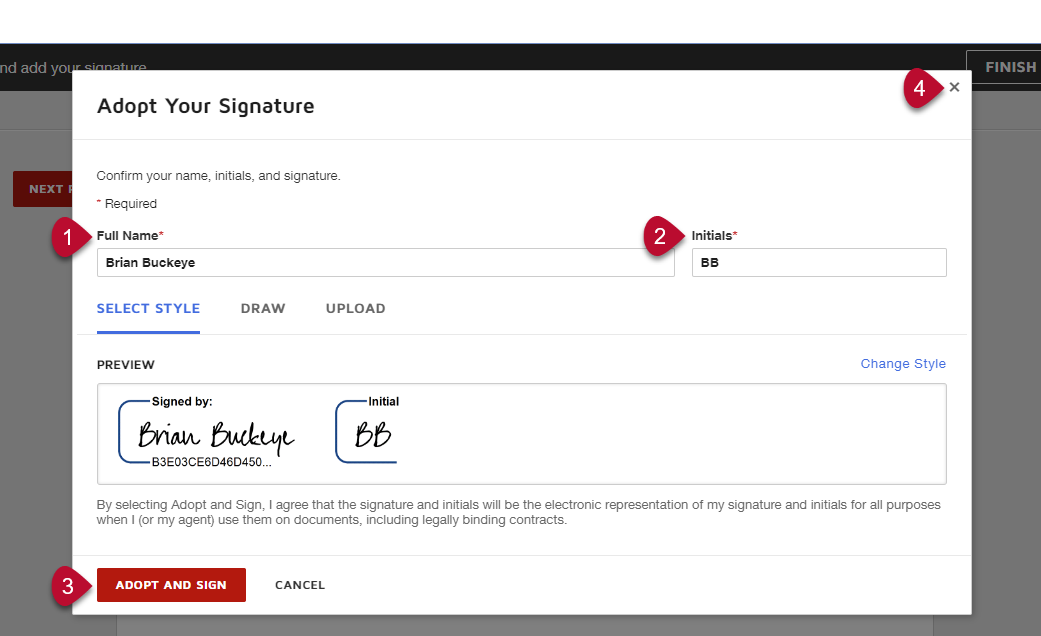 full name and initials boxes on the Adopt your Signature pop up 