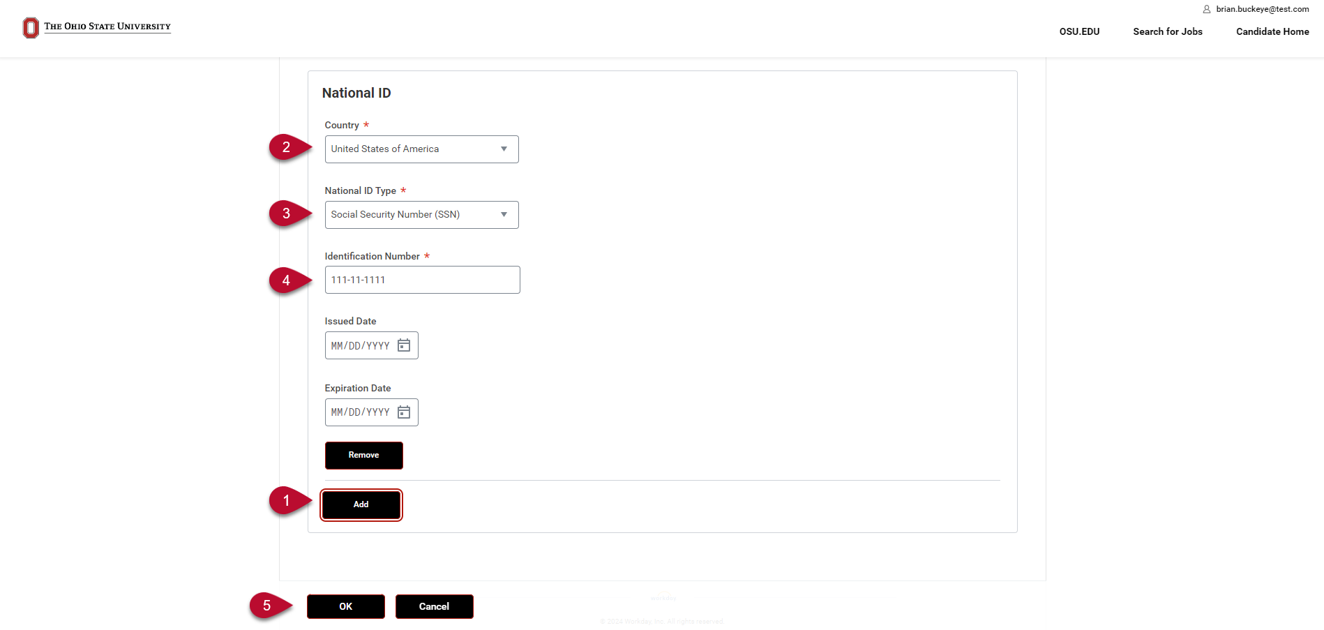 Add button, then country and natinal ID boxes with Ok button to finish