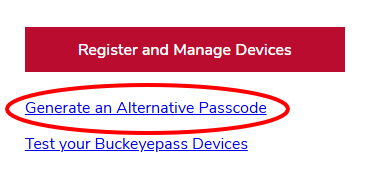 Generate an alternative passcode link highlighted