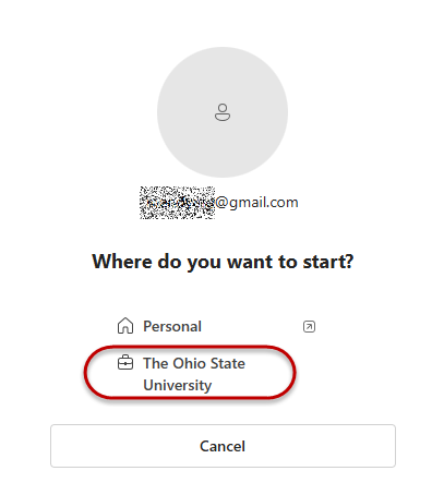Prompt asking where do you want to start? with The Ohio State University selected