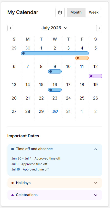 My Calendar area of Workday everywhere showing Time Off