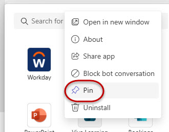 Pin selected in the app action menu