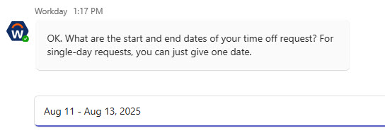 Time off chat request in Workday Everywhere