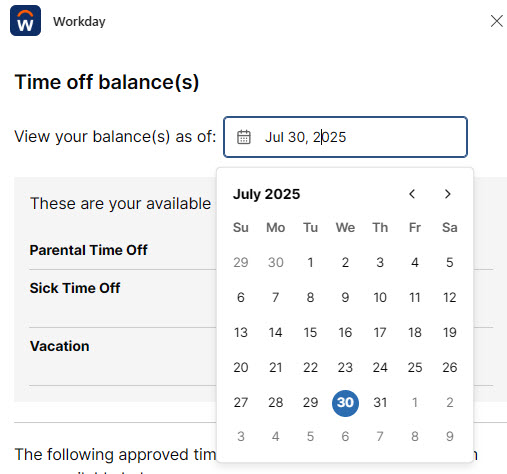 Changing the date in the Time Off balance window to show projected future balances