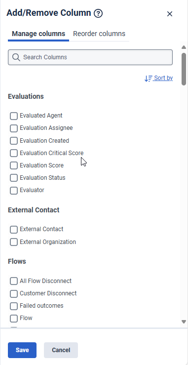 Add and Remove column panel open