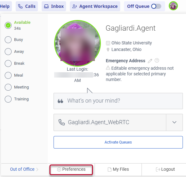 profile panel with the preferences button highlighted