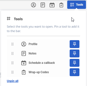 Tools panel open with pin and unpin options
