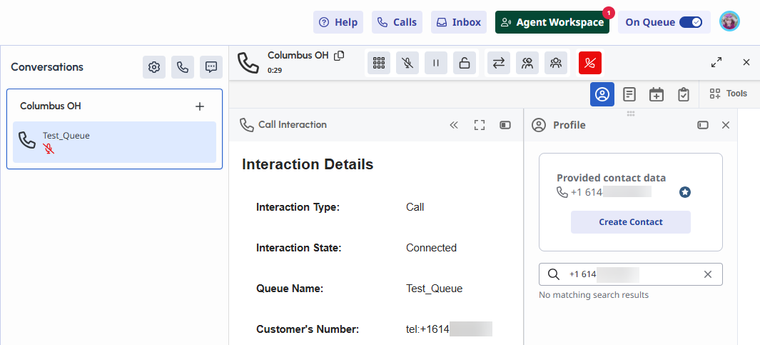 Conversation panel with an active call