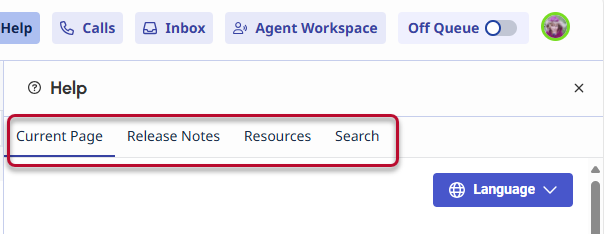 tabs at the top of the help panel highlighted. Tabs are Current Page, Release Notes, Resources, and Search