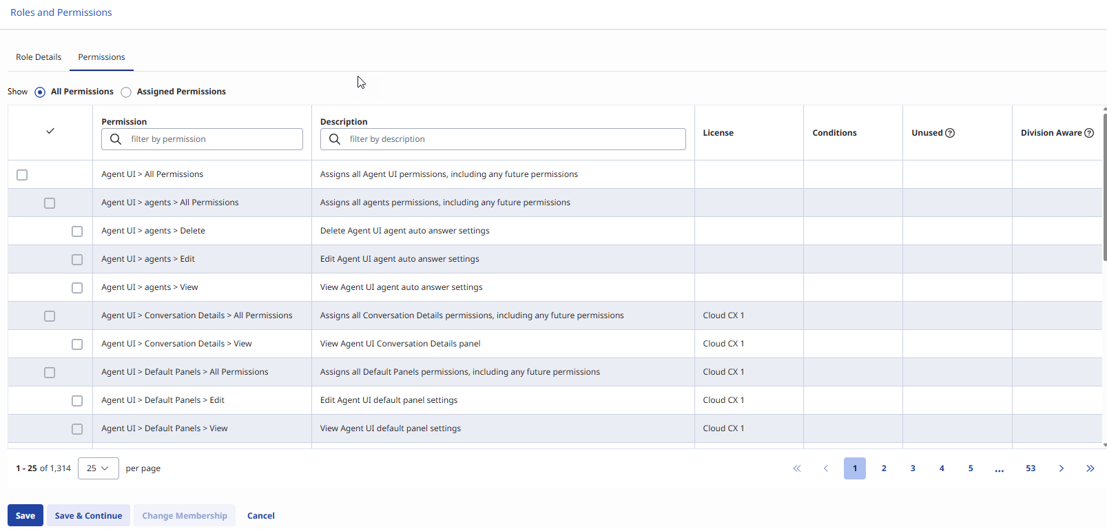 Permission options for a new role