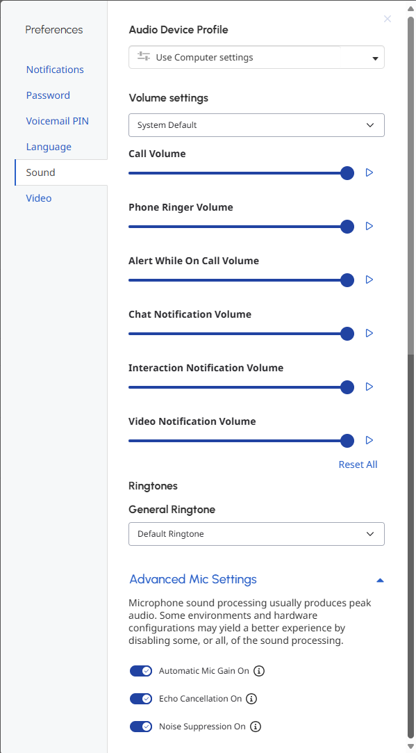 Audio settings