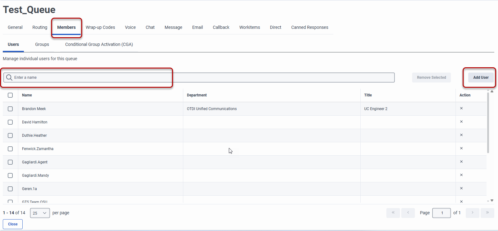 Queue Details window open for Test Queue with the Members tab selected, the Add User button highlighted and the Search field highlighted