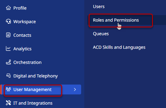 User management menu with Roles and Permissions highlighted