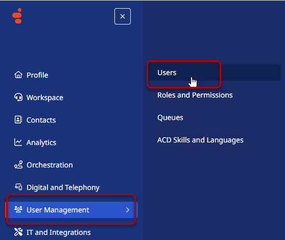 Users menu open within the User Management menu.