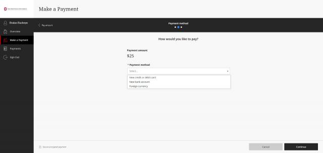 The Ohio State University ePayment site -CASHNet Payment method page. This page displays the payment amount and Payment method drop down menu, cancel button and Continue button.