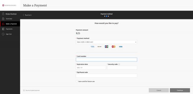 The Ohio State University ePayment site CASHNet Payment method page. This page is designed for the user to enter  card information if they have elected to pay by credit or debit card.  Users can, enter Card number, expiration date, security code and zip and postal code information.   A cancel button and continue button appear at the bottom of the page.  