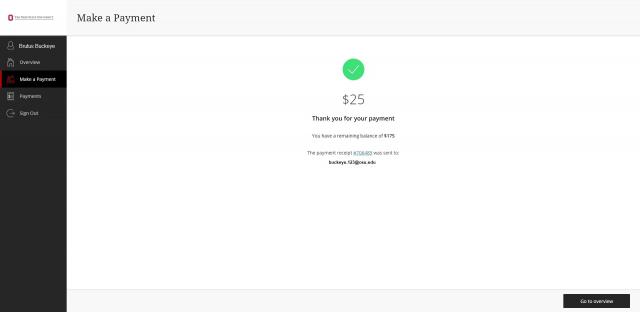 The Ohio State University ePayment site/CASHNet payment receipt. The receipt displays the amount paid with a green checkmark along with the amount of the payment and any remaining balance. A statement also displays a receipt number and the email address it has been sent to. A Go to preview button appears at the bottom of the page.