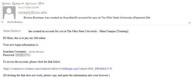e-mail confirming Guardian ID account setup with welcome message. The Message contains Guardian Username, Password and link to CASHNet, the OSU ePayment site.