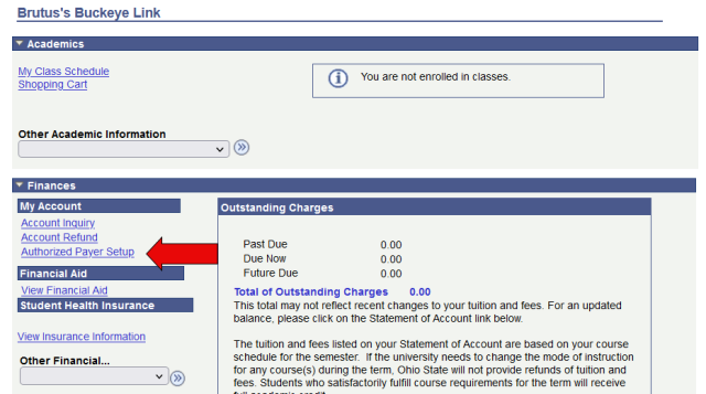 Screenshot of My Buckeye Link Finances section with an arrow pointing to the Authorized Payer Setup link. It is the third link under My Account