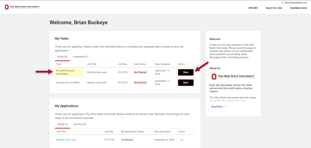 Provide Personal Information task under My Tasks on Candidate Home