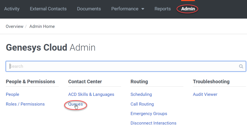 Admin panel with the Queues option highlighted
