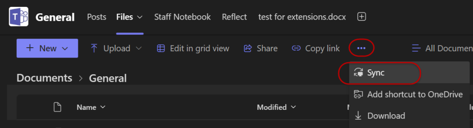 Sync option highlighted in the Files menu