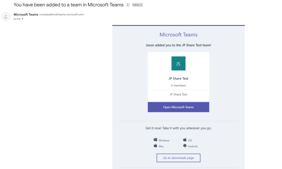 Sample email that a guest receives, the link reads Open Microsoft Teams