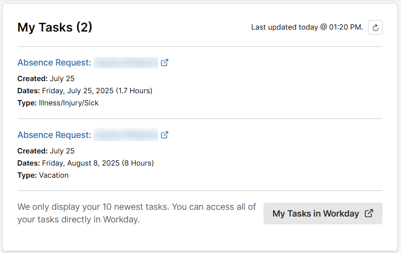 My tasks area of Workday everywhere with tasks showing