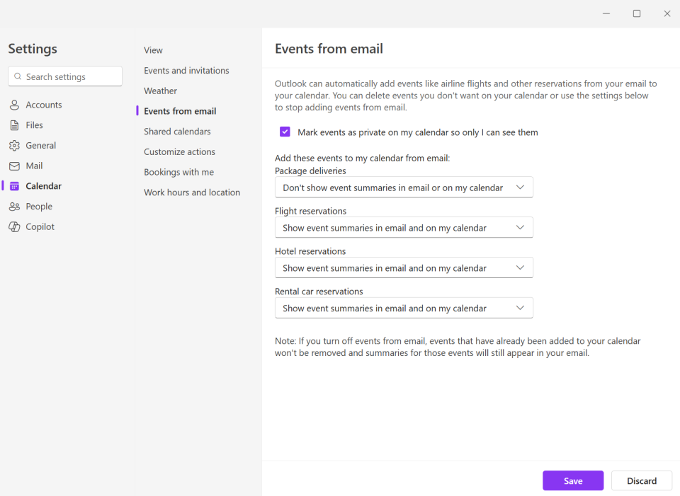 Screenshot of settings for Calendar that show Events from Email