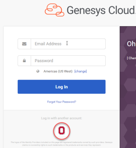 Main log in screen for the Genesys client with the Ohio State block O logo highlighted at the bottom