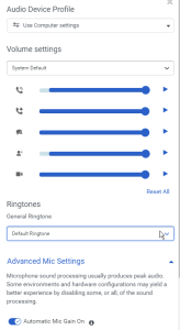 preference window showing the different audio options including setting a ring tone