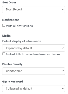 options to control the chat interface such as sort order, media display, display density and keyboard use